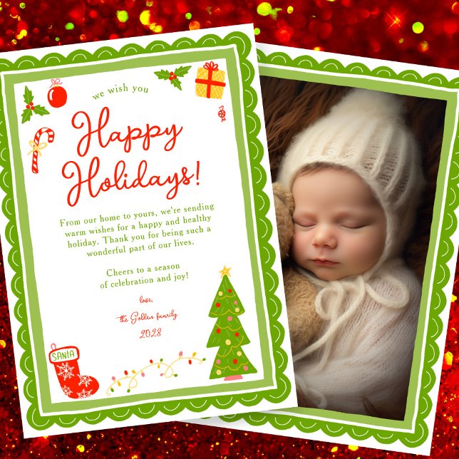 Whimsical Cute Christmas CUSTOM PHOTO Scalloped Holiday Card (Whimsical Cute Christmas CUSTOM PHOTO Scalloped Edge Holiday Card
)