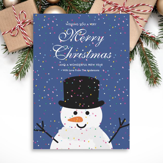 Whimsical Cute Christmas Snowman & Snowy Confetti Holiday Card (Creator Uploaded)