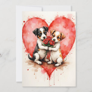 Whimsical Cute Dogs Valentine Hearts and Red Roses Card