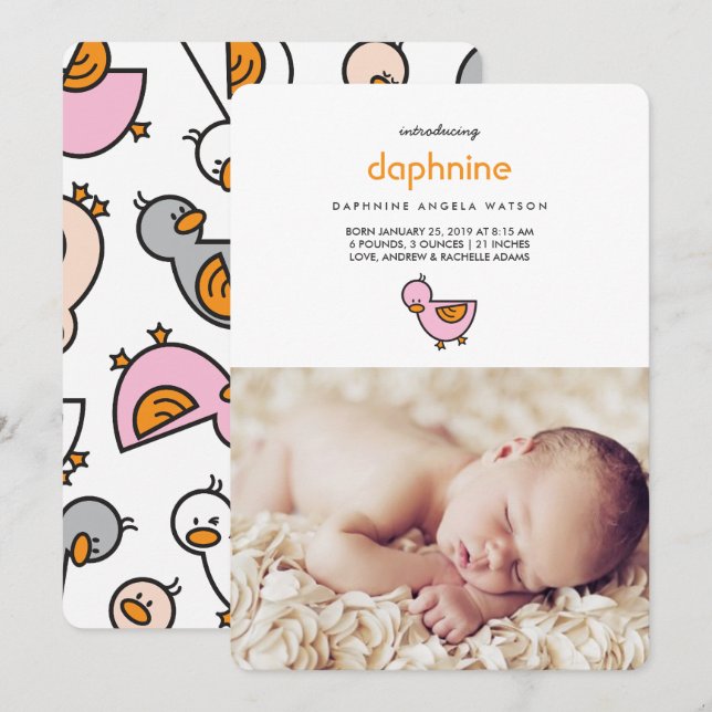 Whimsical Cute Ducklings Photo Baby Girl Birth Announcement (Front/Back)