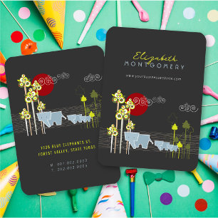 Whimsical Cute Elephant Family In Forest Trees Sun Business Card