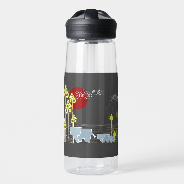 Whimsical Cute Elephant Family In Forest Trees Sun Water Bottle (Front)