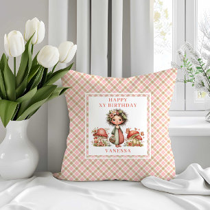 Whimsical Cute Fairy Pink Flowers Birthday Pillow