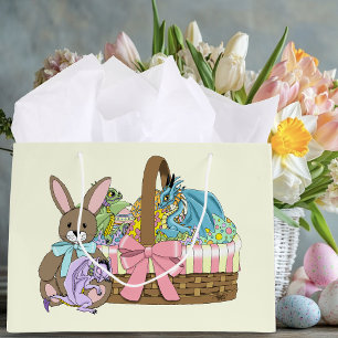 Whimsical Cute Fantasy Dragons Easter Basket Large Gift Bag