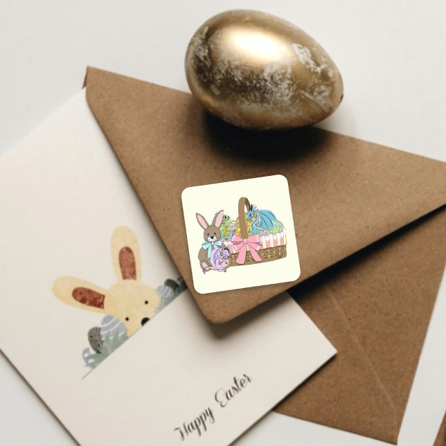 Whimsical Cute Fantasy Dragons Easter Basket  Square Sticker (Creator Uploaded)