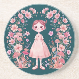 Whimsical Cute Fantasy Floral Girl Round Coaster