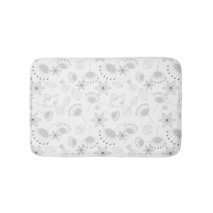 Whimsical Cute Floral and Bird Pattern on White Bath Mat