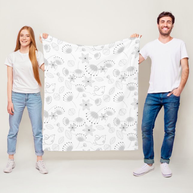 Whimsical Cute Floral and Bird Pattern on White Fleece Blanket (In Situ)