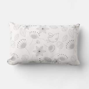 Whimsical Cute Floral and Bird Pattern on White Lumbar Cushion
