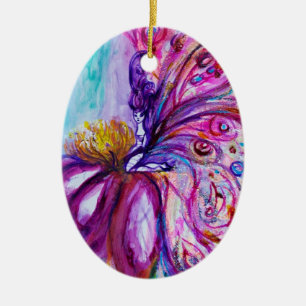 WHIMSICAL CUTE FLOWER FAIRY IN PINK,GOLD SPARKLES CERAMIC TREE DECORATION
