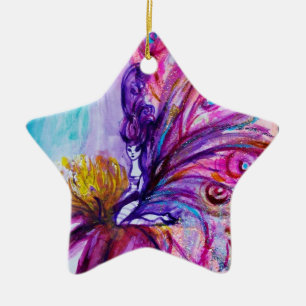 WHIMSICAL CUTE FLOWER FAIRY IN PINK,GOLD SPARKLES CERAMIC TREE DECORATION
