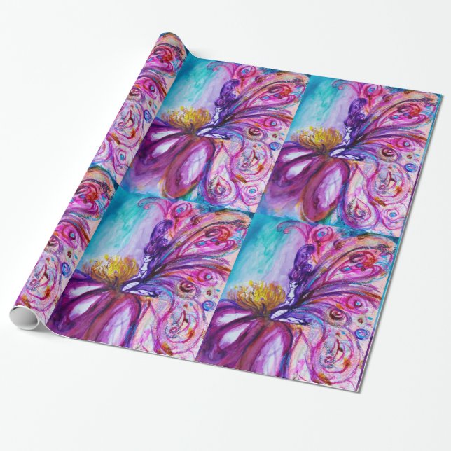 WHIMSICAL CUTE FLOWER FAIRY IN PINK,GOLD SPARKLES WRAPPING PAPER (Unrolled)
