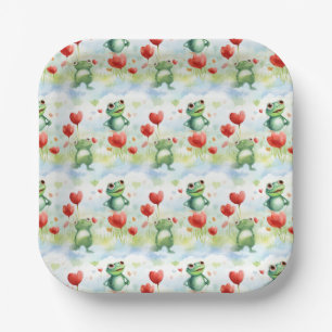 Whimsical cute frogs with red balloons paper plate