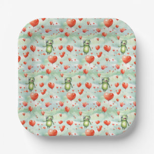 Whimsical cute frogs with red balloons paper plate