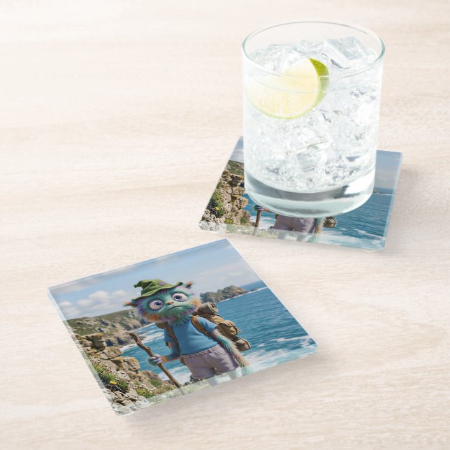 Whimsical Cute Furry Hiker Glass Coaster (Angled)