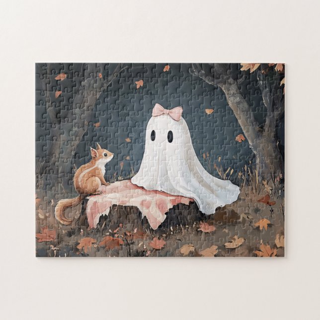 Whimsical Cute Ghost and Squirrel Jigsaw Puzzle (Horizontal)