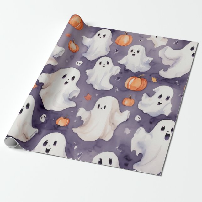 Whimsical cute ghost halloween delight watercolor  wrapping paper (Unrolled)