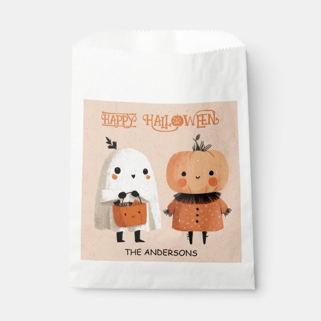 Whimsical Cute Ghost& Pumpkin Watercolor Halloween Favour Bags (Front)