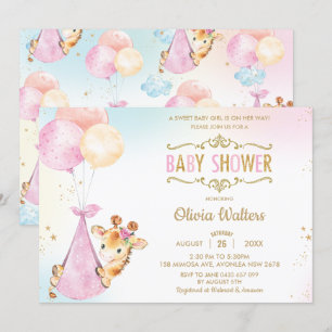 Whimsical Cute Giraffe Balloons Baby Shower Girl Invitation