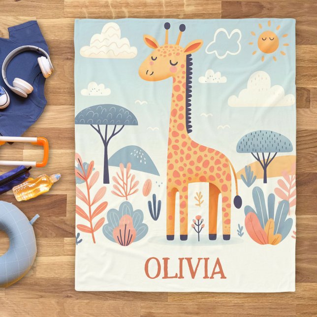 Whimsical Cute Giraffe in Savanna Fleece Blanket (Creator Uploaded)