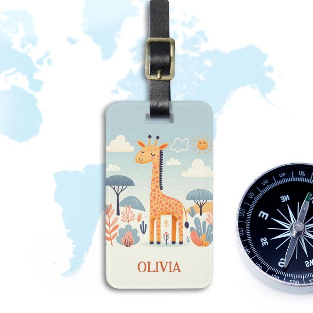 Whimsical Cute Giraffe in Savanna Luggage Tag (Creator Uploaded)