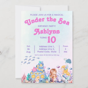 Whimsical Cute Girl Under the Sea Mermaid Birthday Invitation