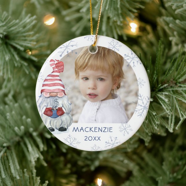 Whimsical Cute Gnome Snowflake Photo Name Year Ceramic Tree Decoration (Tree)