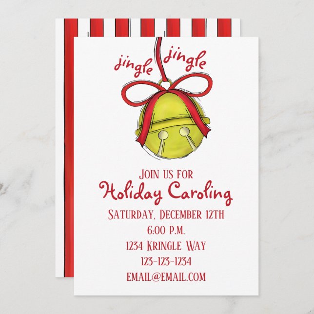 Whimsical Cute Gold Jingle Bell Holiday Party Invitation (Front/Back)