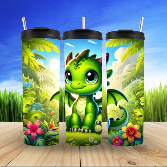 Whimsical Cute Green Dragon Cartoon Thermal Tumbler (Creator Uploaded)