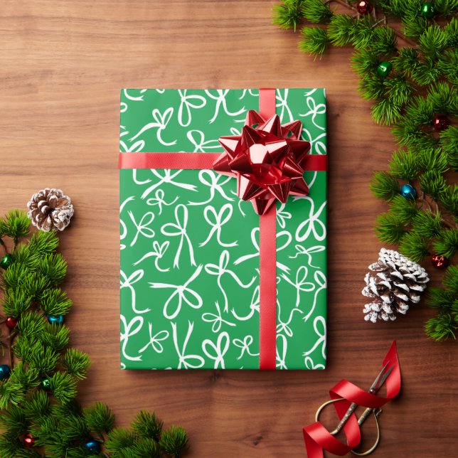 Whimsical Cute Green White Bows Pattern Christmas Wrapping Paper (Holiday Gift)