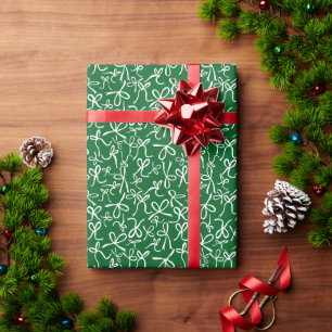 Whimsical Cute Green White Bows Pattern Girly Gift Wrapping Paper