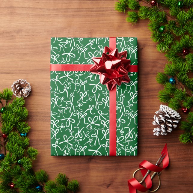 Whimsical Cute Green White Bows Pattern Girly Gift Wrapping Paper (Holiday Gift)