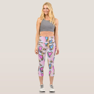 Whimsical cute hearts colourful drawing capri leggings