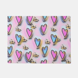 Whimsical cute hearts colourful drawing doormat