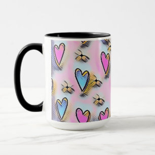 Whimsical cute hearts colourful drawing mug