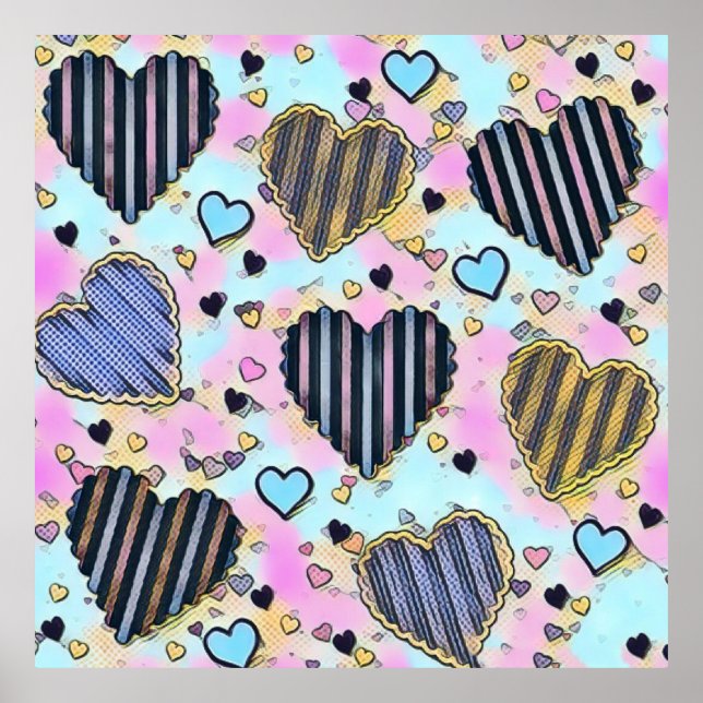 Whimsical cute hearts colourful drawing   poster (Front)