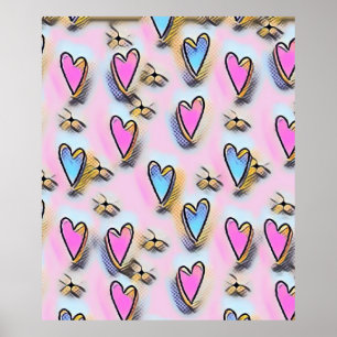 Whimsical cute hearts colourful drawing   poster