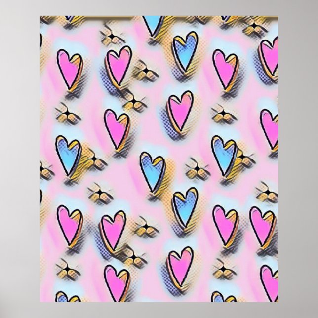 Whimsical cute hearts colourful drawing   poster (Front)