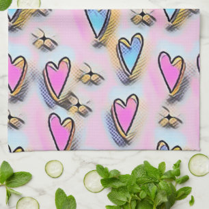 Whimsical cute hearts colourful drawing tea towel