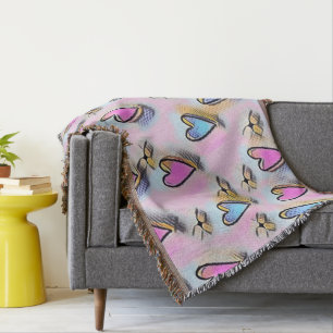 Whimsical cute hearts colourful drawing throw blanket