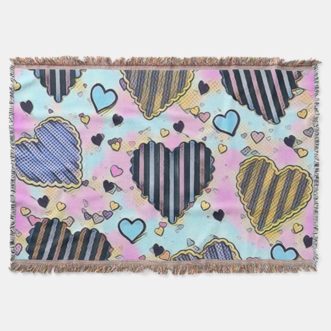 Whimsical cute hearts colourful drawing   throw blanket (Front)