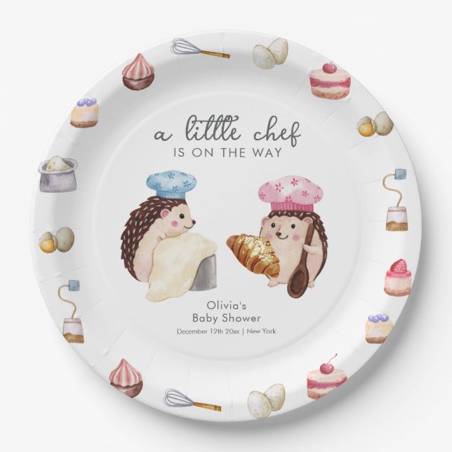 Whimsical Cute Hedgehog Chef Baker Baby Shower  Paper Plate (Front)