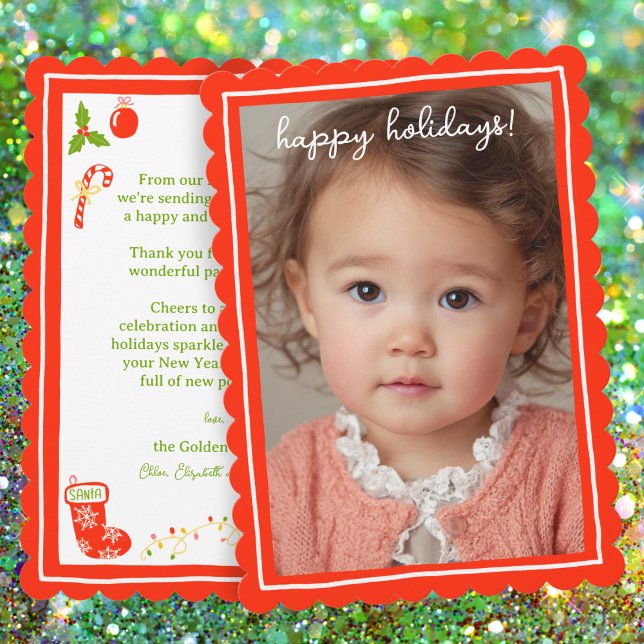 Whimsical Cute Icons Christmas CUSTOM PHOTO Holiday Card (Whimsical Cute Icons Christmas CUSTOM PHOTO Scalloped Edge Holiday Card
)