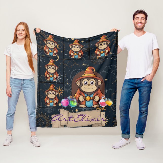 Whimsical Cute Kawaii Wizard Monkey Print Fleece Blanket (In Situ)