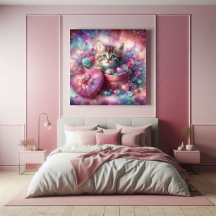 Whimsical Cute Kitten Floral Heart Box Poster