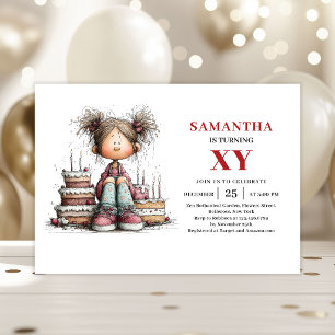 Whimsical Cute Little Girl Cartoon Birthday Invite