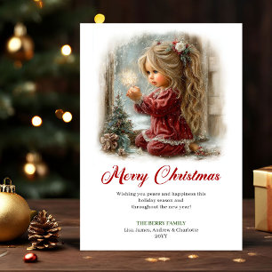 Whimsical Cute Little Girl Christmas Scene Greetin Holiday Card