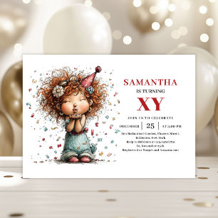 Whimsical Cute Little Girl Colorful Birthday  Invitation