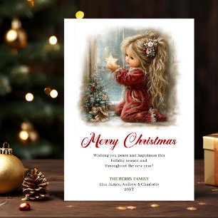 Whimsical Cute Little Girl Winter Scene Greeting Holiday Card
