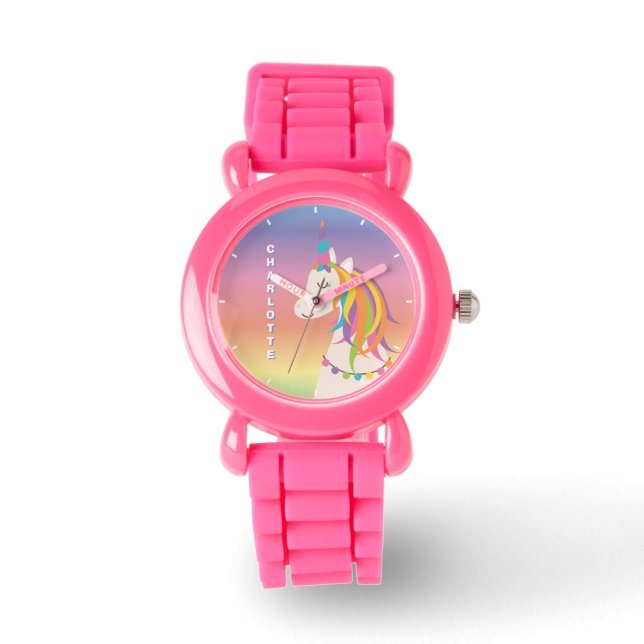 Whimsical Cute Magical Rainbow Unicorn Custom Name Watch (Front)